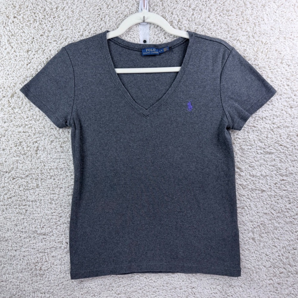 Polo Ralph Lauren V-Neck Tee Womens Large Grey Purple Pony Cotton - Picture 2 of 10